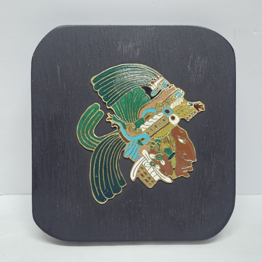 Vintage Mexican Wooden Plaque Enameled Penacho Maya Priest Aztec Mayan Folk Art